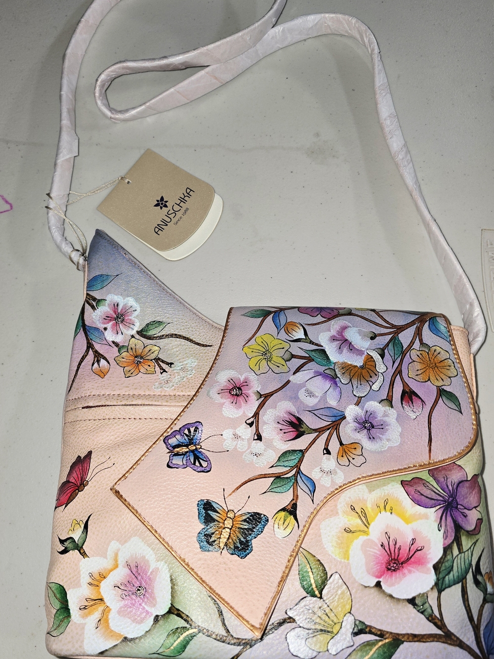 Anuschka Hand-Painted Pink Floral & Butterfly Crossbody Bag